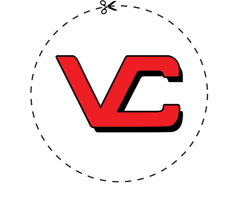 A custom vinyl sticker with a red 'VC' logo on a Black background.
