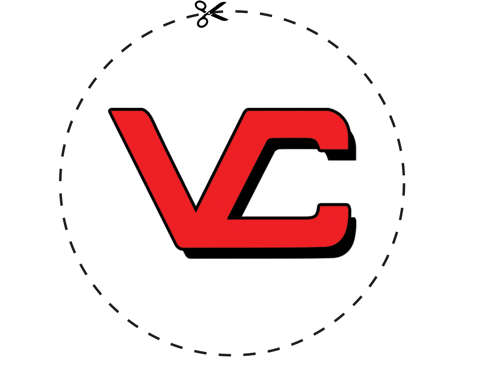 A custom vinyl sticker with a red 'VC' logo on a Black background.